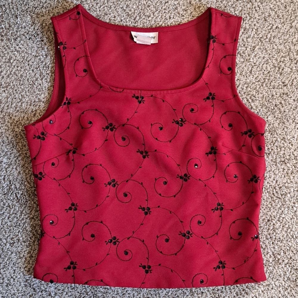 Vintage Wrapper 90s Y2K Red, Black Floral Sequin Sleeveless Top Women's Size 7/8